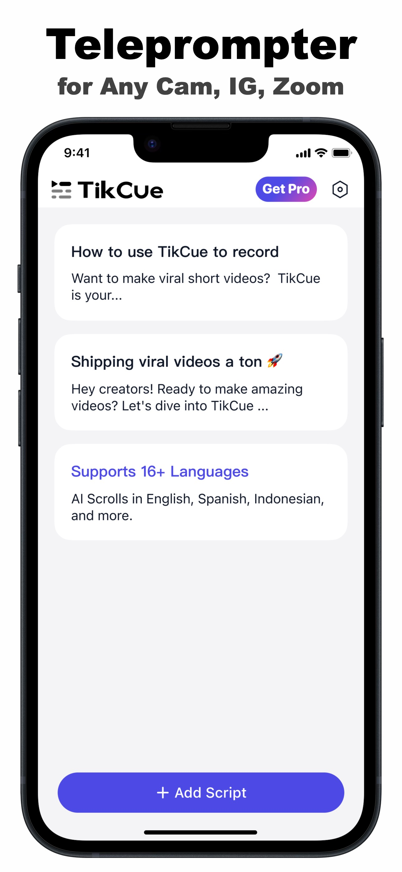 TikCue script library on iPhone — a teleprompter for any camera app, Instagram and Zoom