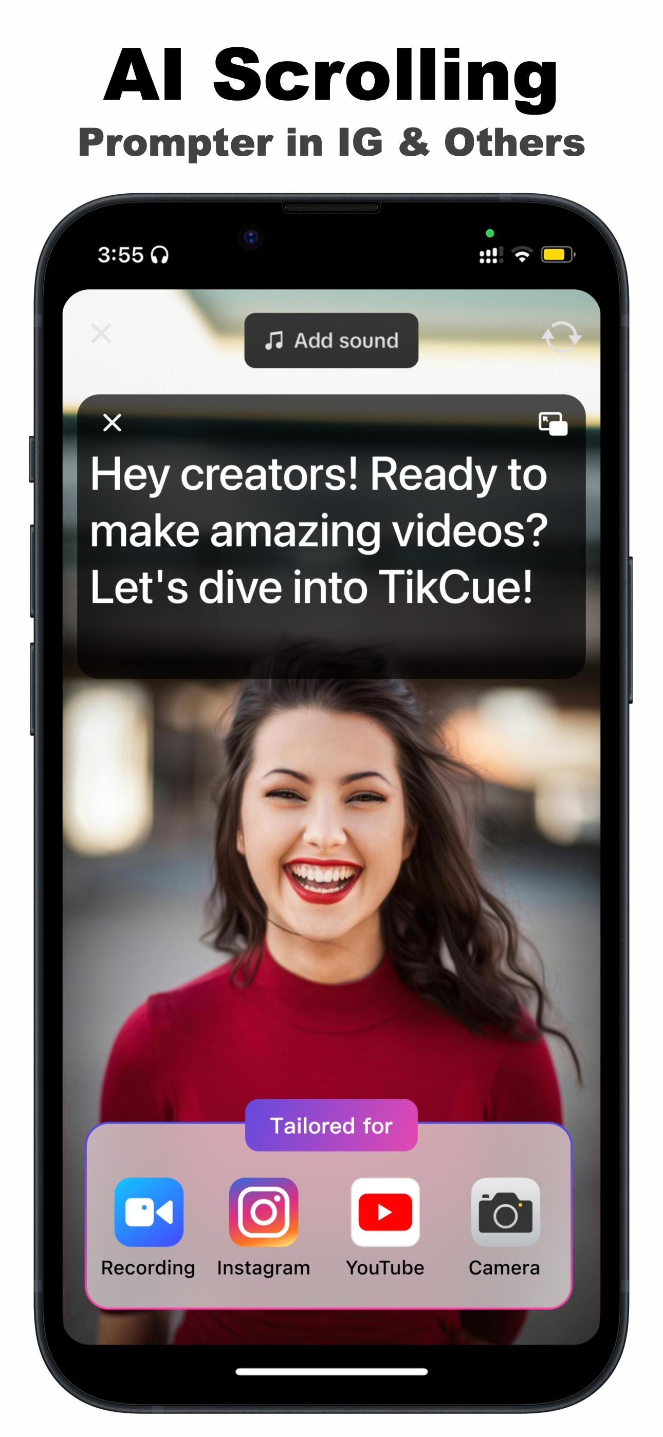 TikCue floating teleprompter scrolling a script with AI on top of the Instagram camera while recording