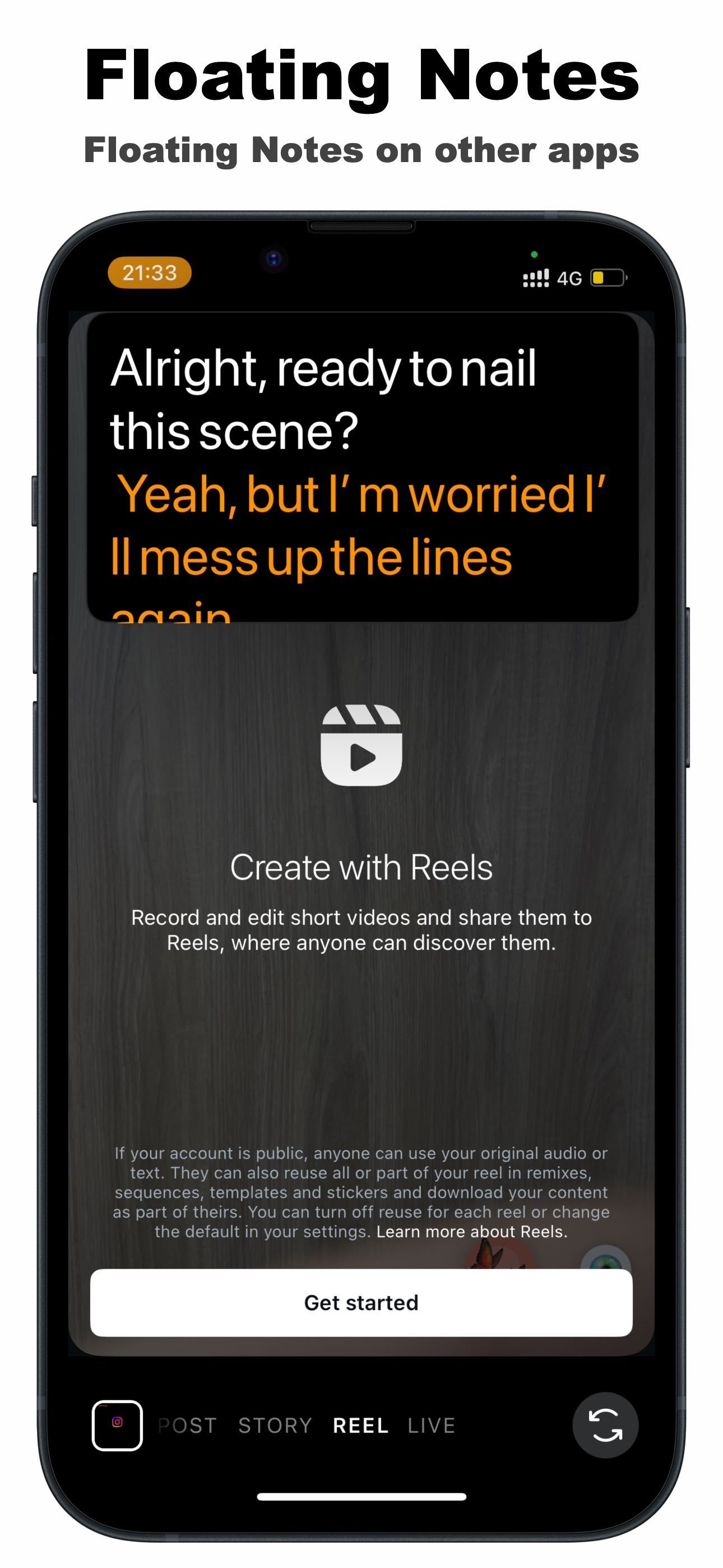 Floating teleprompter notes displayed on top of Instagram Reels on iPhone