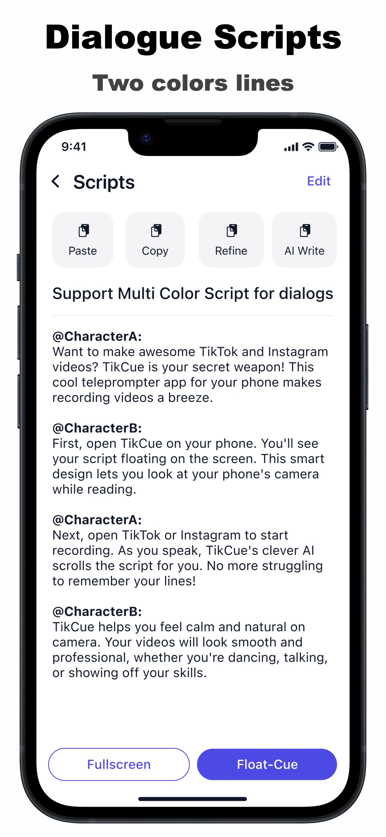 TikCue dialogue script editor with two-color character lines and AI Write button